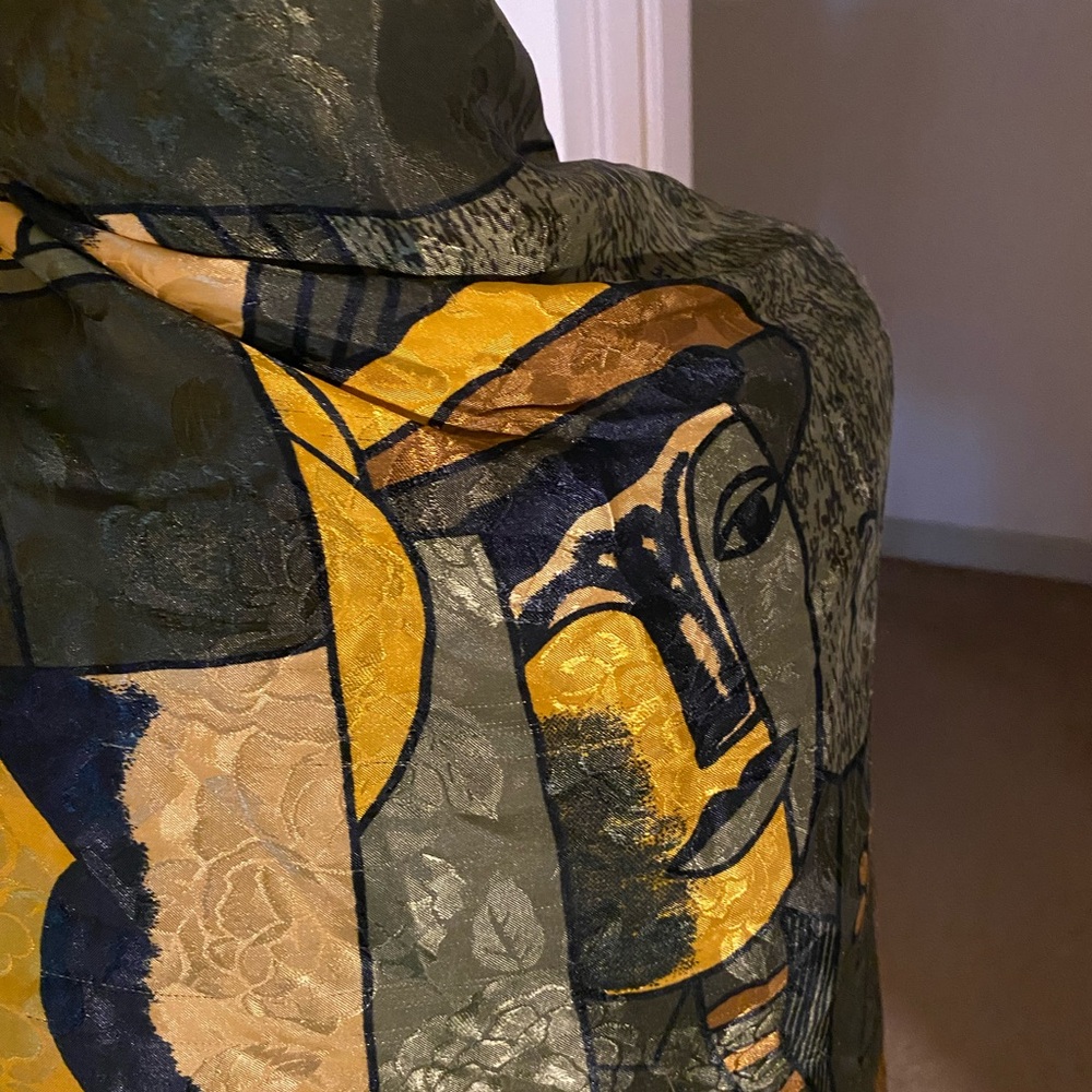 Abstract Art Print Silk-Look Scarf in Olive, Mustard & Black - Picture 3 of 3